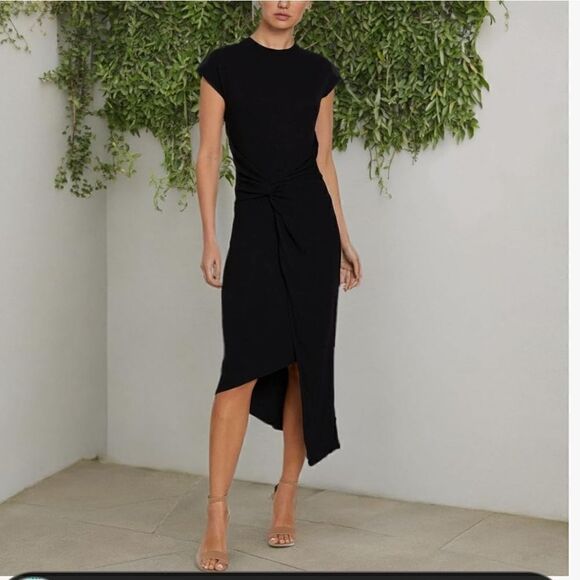 NWT Laundry By Shelli Segal Midi Cap Sleeve Asymmetrical Knot Dresses Gray L - Picture 1 of 16